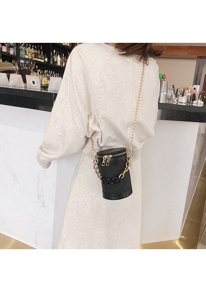 Kadın Kova Yaz Çanta Yeni Kore Moda Zinciri Küçük Yuvarlak Çanta Dikiş Omuz Messenger Siyah (Yurt Dışından) modelleri