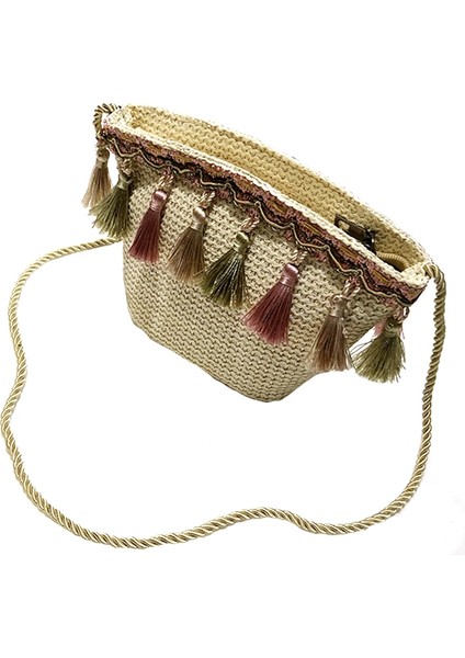 Kadın Bozuk Para Cüzdanı Çapraz Omuz Rattan Plaj Çantası(Haki) (Yurt Dışından)