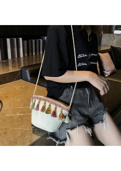 Kadın Bozuk Para Cüzdanı Çapraz Omuz Rattan Plaj Çantası(Haki) (Yurt Dışından) modelleri