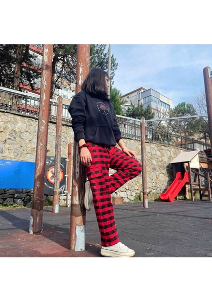 Y2K Kırmızı Siyah Ekose Detay Eşortman Altı