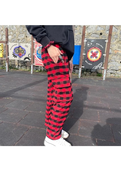 Y2K Kırmızı Siyah Ekose Detay Eşortman Altı