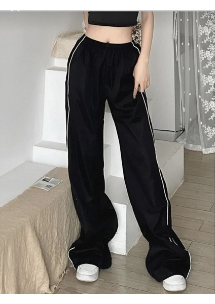 Harajuku Zip Detail Black Oversize Şeritli Eşofman Altı modelleri