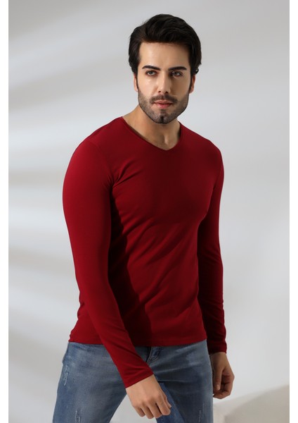 Compact Penye Likralı Slim Fit Uzun Kol V Yaka T-Shirt 19648 Bordo fiyatları