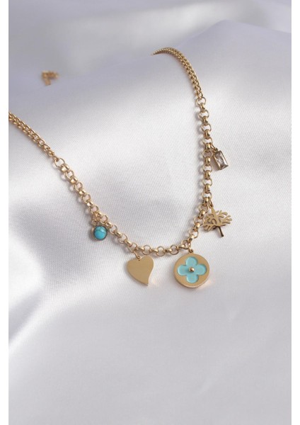 E-Bijuteri Çelik Gold Renk Mavi Yonca Figür Kalp Detay Zirkon Taş Detay Kadın Kolye