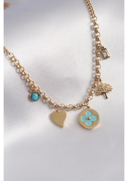 E-Bijuteri Çelik Gold Renk Mavi Yonca Figür Kalp Detay Zirkon Taş Detay Kadın Kolye fiyatları