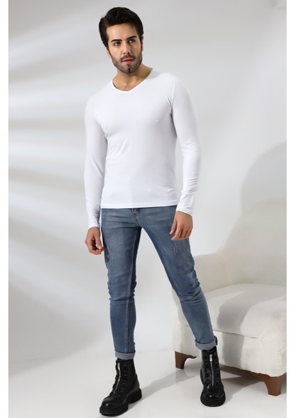 Compact Penye Likralı Slim Fit Uzun Kol V Yaka T-Shirt 19648 Beyaz