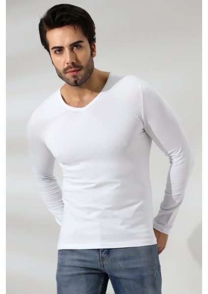 Compact Penye Likralı Slim Fit Uzun Kol V Yaka T-Shirt 19648 Beyaz fiyatları