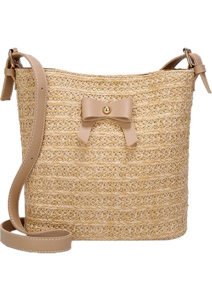 Kadın Yaz Rahat Omuz Yay Hasır Dokuma Kova Crossbody Çanta (Haki) (Yurt Dışından)