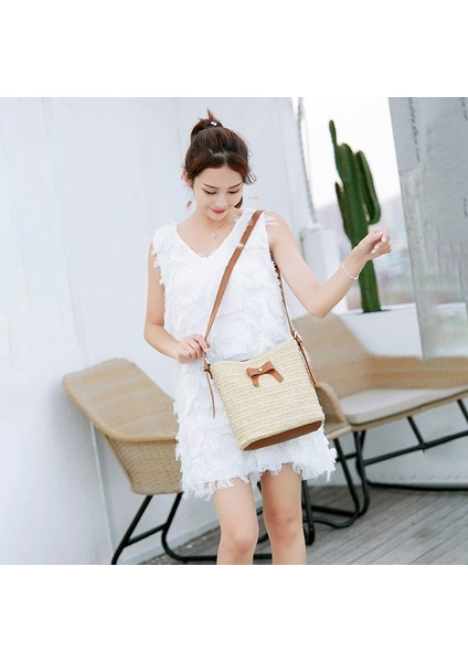 Kadın Yaz Rahat Omuz Yay Hasır Dokuma Kova Crossbody Çanta (Haki) (Yurt Dışından) modelleri