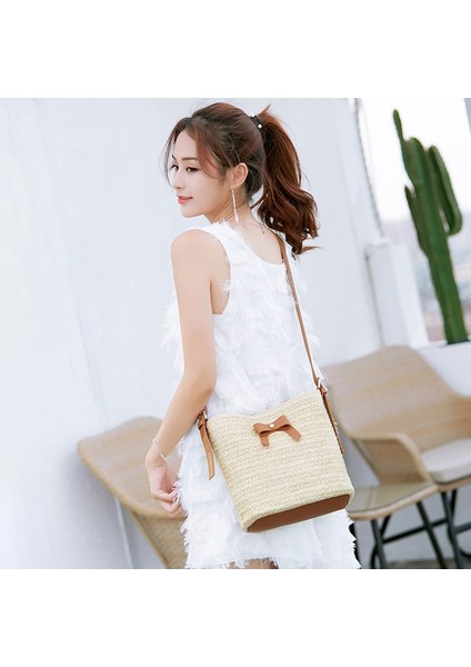 Kadın Yaz Rahat Omuz Yay Hasır Dokuma Kova Crossbody Çanta (Haki) (Yurt Dışından) fırsatları