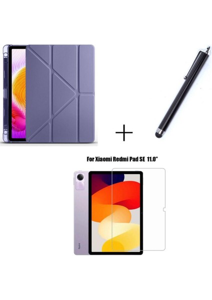 Xiaomi Redmi Pad Se Uyumlu Kalem Bölmeli Standlı Kılıf + Ekran Koruyucu + Kalem 3'lü Set