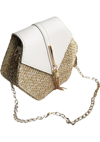 Saman Plaj Dokuma Kadın Çanta Altıgen Yaz Zincir Örgü Omuz Crossbody Küçük Çanta Messenger Beyaz (Yurt Dışından)