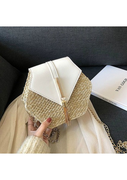 Saman Plaj Dokuma Kadın Çanta Altıgen Yaz Zincir Örgü Omuz Crossbody Küçük Çanta Messenger Beyaz (Yurt Dışından) fiyatları
