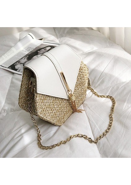 Saman Plaj Dokuma Kadın Çanta Altıgen Yaz Zincir Örgü Omuz Crossbody Küçük Çanta Messenger Beyaz (Yurt Dışından) modelleri