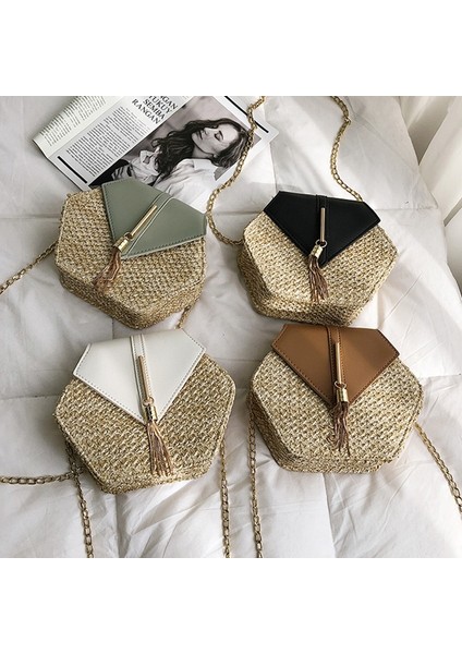 Saman Plaj Dokuma Kadın Çanta Altıgen Yaz Zincir Örgü Omuz Crossbody Küçük Çanta Messenger Beyaz (Yurt Dışından) fırsatları