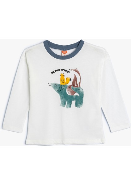 Tişört Hayvanlar Baskılı Uzun Kollu Bisiklet Yaka Pamuklu