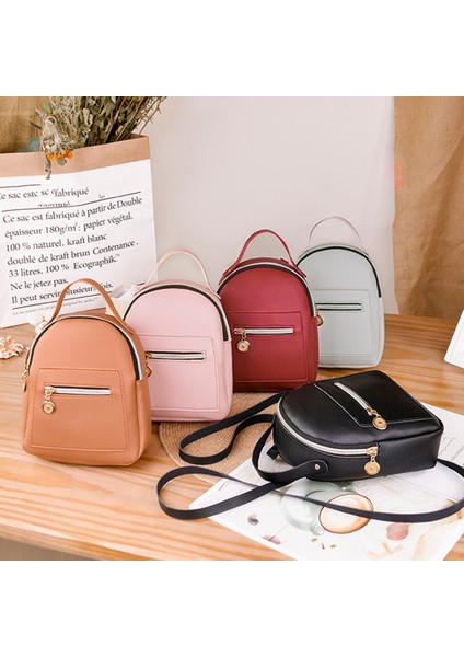 Moda Bayanlar Tek Omuz Küçük Sırt Çantası Cüzdan Cep Telefonu Mini Seyahat Saf Renk Deri Çanta Pembe (Yurt Dışından)