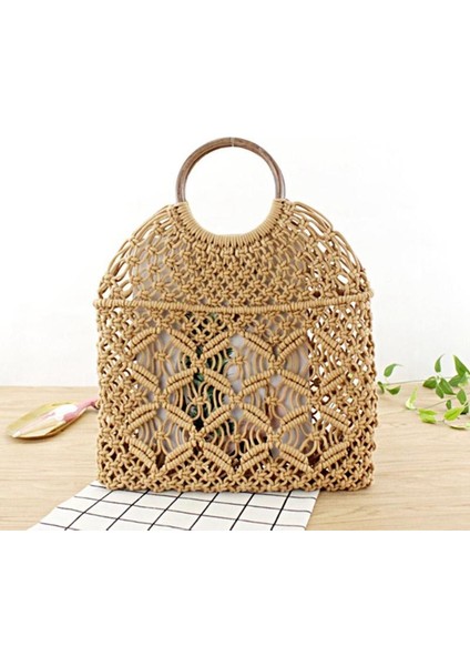 Yaz Plaj Mini Çanta Kadınlar Için Vintage Bayanlar Örgü Dokuma Içi Boş Halat Pamuk Rahat Seyahat Yuvarlak Saplı Küçük Tote Çanta (Açık Kahverengi) (Yurt Dışından) modelleri