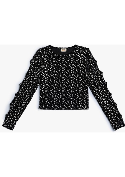 Crop Bluz Uzun Kollu Pencere Detaylı Yuvarlak Yaka