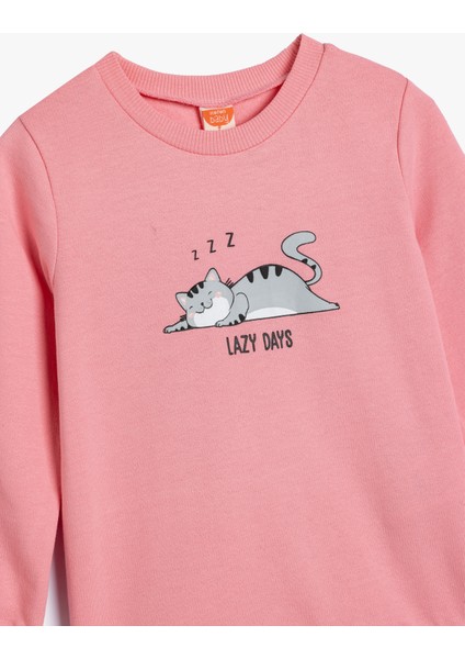 Sweatshirt Kedi Baskılı Bisiklet Yaka Pamuklu Şardonlu
