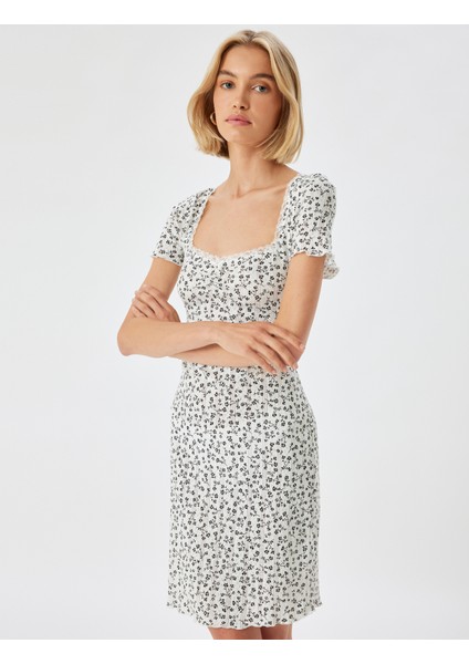 Mini Çiçekli Elbise Ribanalı Kısa Kollu Kare Yaka fiyatları