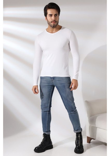 Compact Penye Likralı Slim Fit Uzun Kol Pis V Yaka T-Shirt 19699 Beyaz