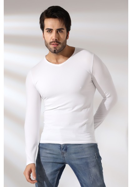 Compact Penye Likralı Slim Fit Uzun Kol Pis V Yaka T-Shirt 19699 Beyaz fiyatları