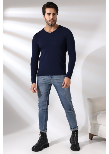 Compact Penye Likralı Slim Fit Uzun Kol Pis V Yaka T-Shirt 19699 Lacivert