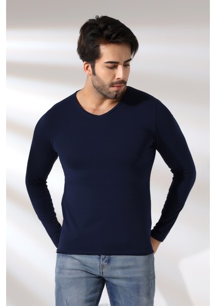 Compact Penye Likralı Slim Fit Uzun Kol Pis V Yaka T-Shirt 19699 Lacivert fiyatları
