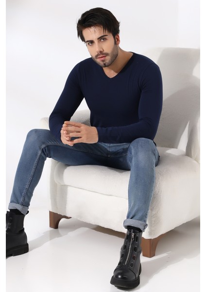 Compact Penye Likralı Slim Fit Uzun Kol Pis V Yaka T-Shirt 19699 Lacivert modelleri