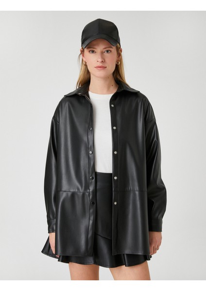 Suni Deri Gömlek Ceket Çıtçıtlı Yırtmaç Detaylı modelleri