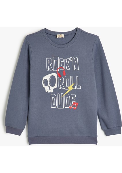 Sweatshirt Kuru Kafa Baskılı Uzun Kollu Bisiklet Yaka Şardonlu