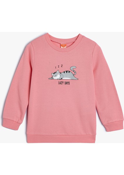 Sweatshirt Kedi Baskılı Bisiklet Yaka Pamuklu Şardonlu