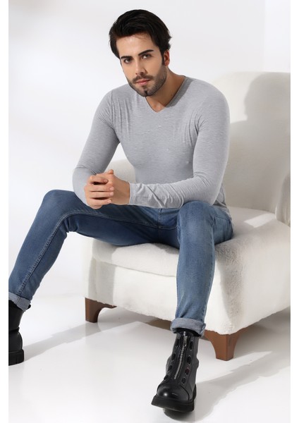Compact Penye Likralı Slim Fit Uzun Kol Pis V Yaka T-Shirt 19699 Grimelanj modelleri