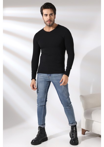 Compact Penye Likralı Slim Fit Uzun Kol Pis V Yaka T-Shirt 19699 Siyah