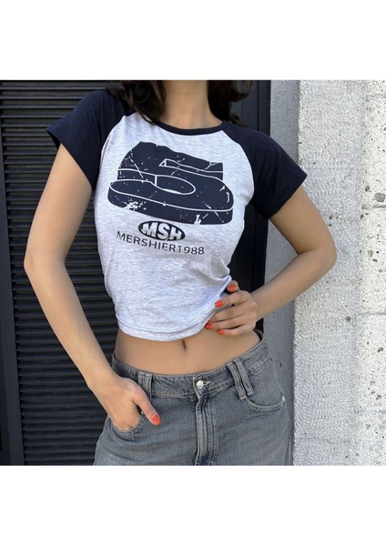 Lacivert Retro 5 Baskılı Kısa Kollu Crop