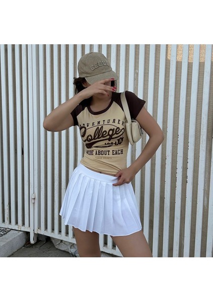 Y2K Adventure College Kahverengi Raglan Kısa Kollu Crop modelleri