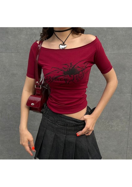 Bordo Black Widow Omuzu Açık Spider Kısa Kollu Crop