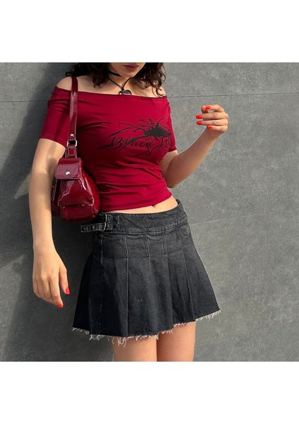 Bordo Black Widow Omuzu Açık Spider Kısa Kollu Crop