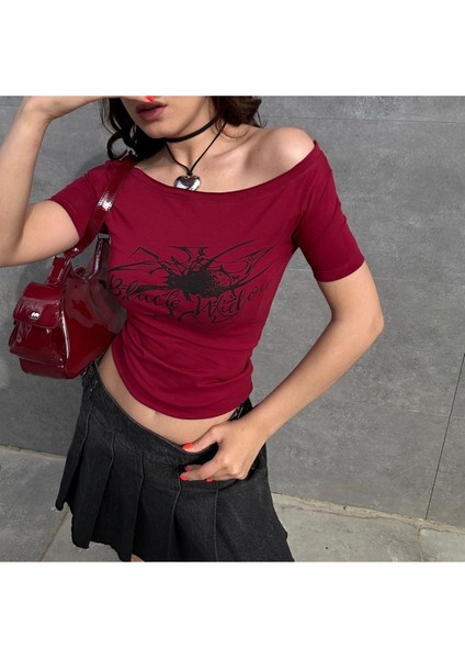 Bordo Black Widow Omuzu Açık Spider Kısa Kollu Crop