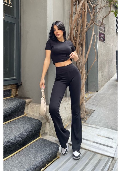 Siyah Bisiklet Yaka Likralı Ribana Basic Crop