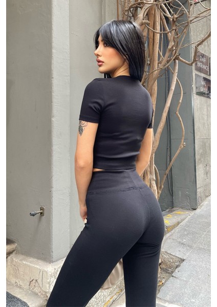 Siyah Bisiklet Yaka Likralı Ribana Basic Crop fiyatları