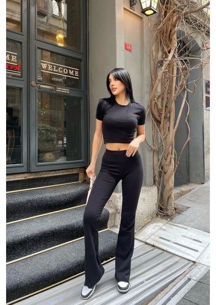 Siyah Bisiklet Yaka Likralı Ribana Basic Crop modelleri