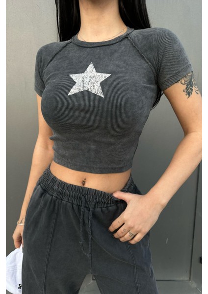 Y2K Yıldız Detay Yıkamalı Crop Top