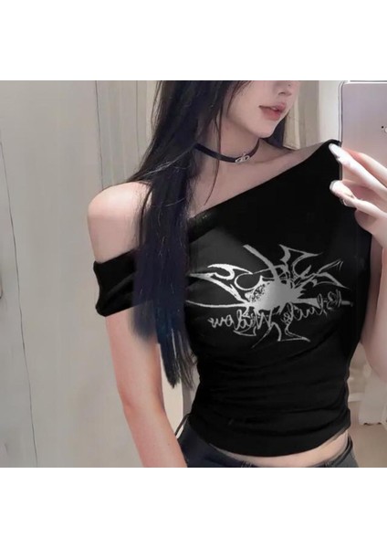 Siyah Örümcek Baskılı Kısa Kollu Crop