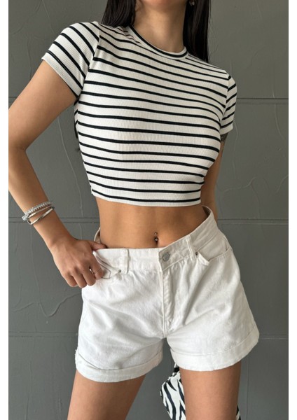 Çizgili Kaşkorse Basic Crop Top