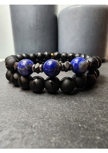 Lapis Lazuli, Hematit ve Oniks Orjinal Doğal Taş Kadın ve Erkek Takım Bileklik / Sağlık, Nazar ve Özgüven
