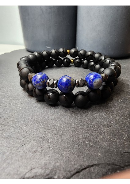 Lapis Lazuli, Hematit ve Oniks Orjinal Doğal Taş Kadın ve Erkek Takım Bileklik / Sağlık, Nazar ve Özgüven fırsatları
