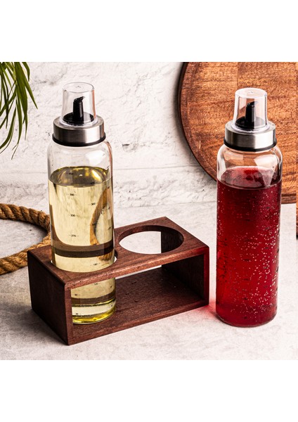 Oily - Ahşap Stantlı 2'li 500 ml Borosilikat Zeytinyağı Sıvıyağ Şişesi Yağdanlık Yağlık