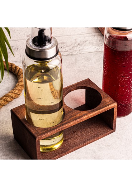 Oily - Ahşap Stantlı 2'li 500 ml Borosilikat Zeytinyağı Sıvıyağ Şişesi Yağdanlık Yağlık